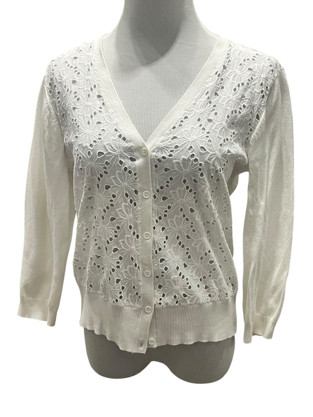 Cable & Gauge Women's White Floral Cut Out Cardigan SIZE Large